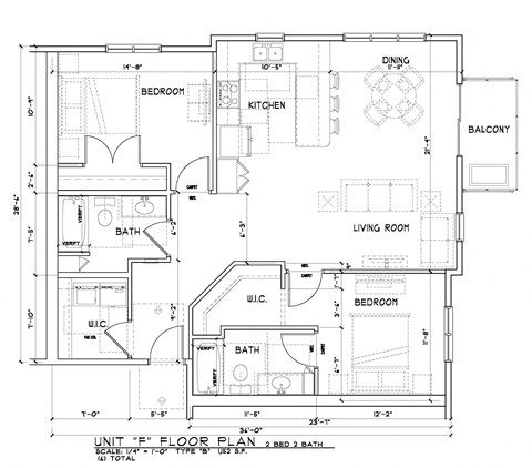 Floor plan for 2 beds, 2 baths, 1150 sqft